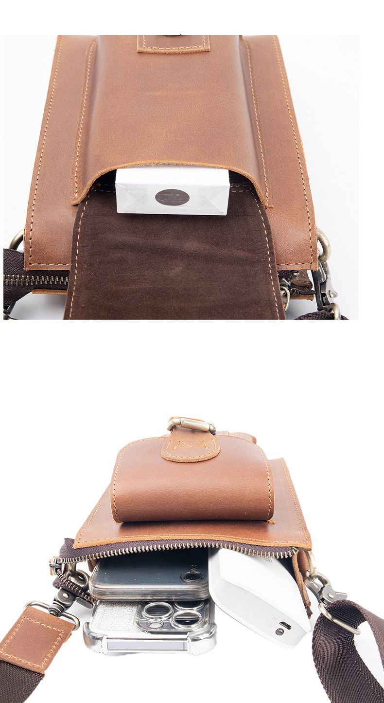 男士斜挎包單肩包 豎款真皮男包 復古男穿皮帶小腰包 頭層瘋馬皮手機包掛包推薦 真皮包包