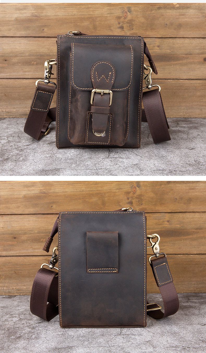 男士斜挎包單肩包 豎款真皮男包 復古男穿皮帶小腰包 頭層瘋馬皮手機包掛包推薦 真皮包包