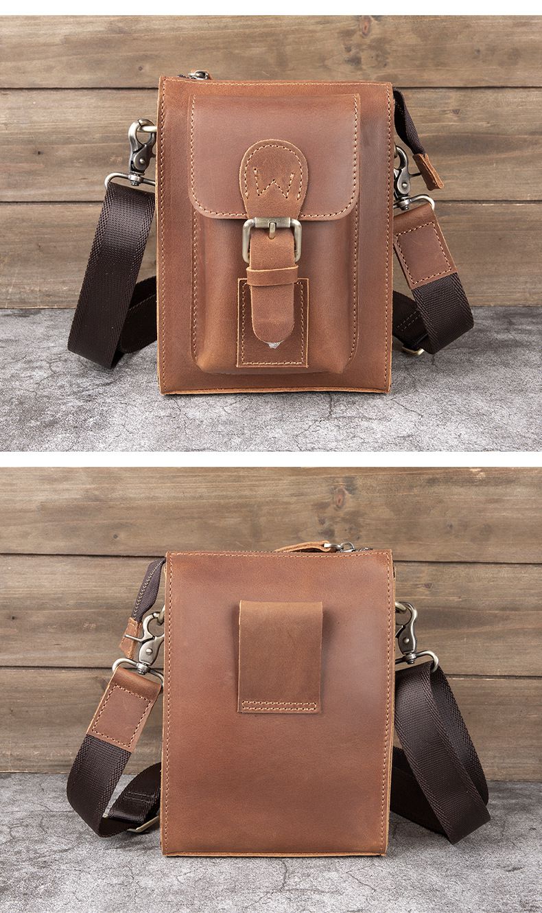 男士斜挎包單肩包 豎款真皮男包 復古男穿皮帶小腰包 頭層瘋馬皮手機包掛包推薦 真皮包包