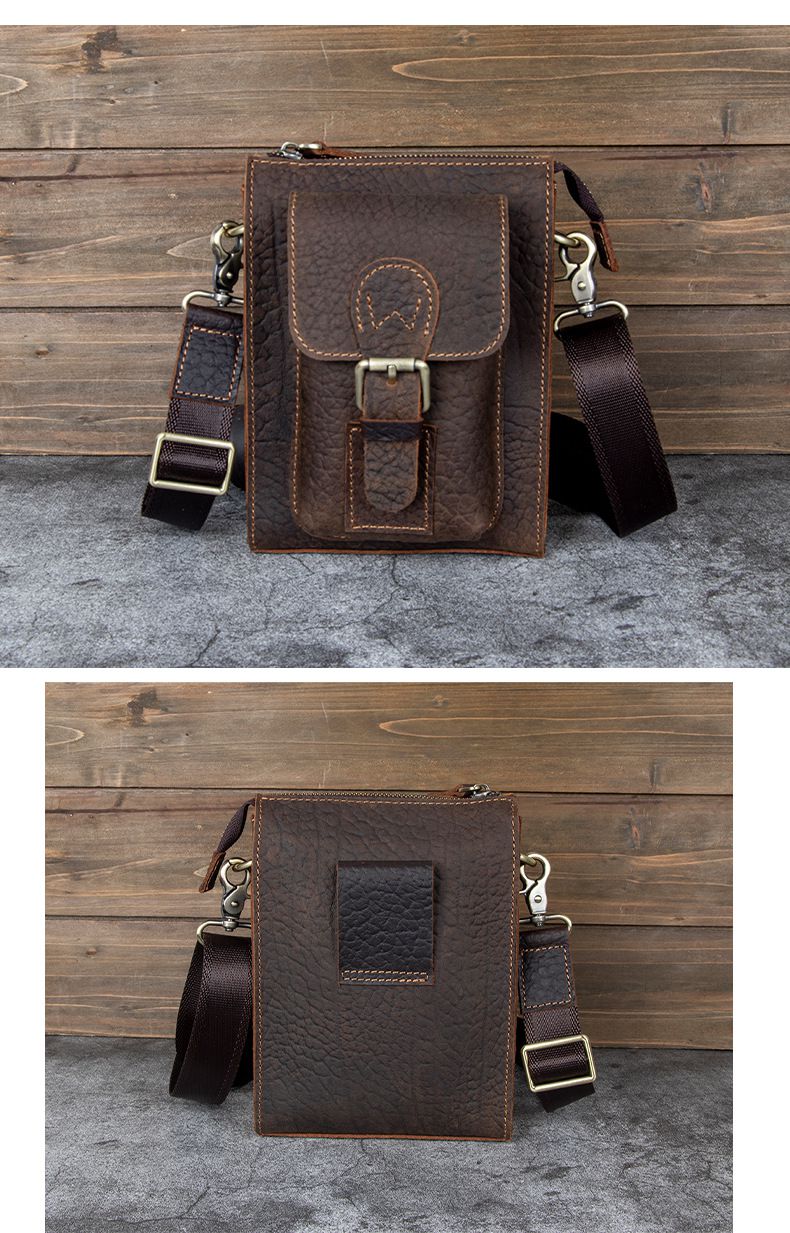 男士斜挎包單肩包 豎款真皮男包 復古男穿皮帶小腰包 頭層瘋馬皮手機包掛包推薦 真皮包包