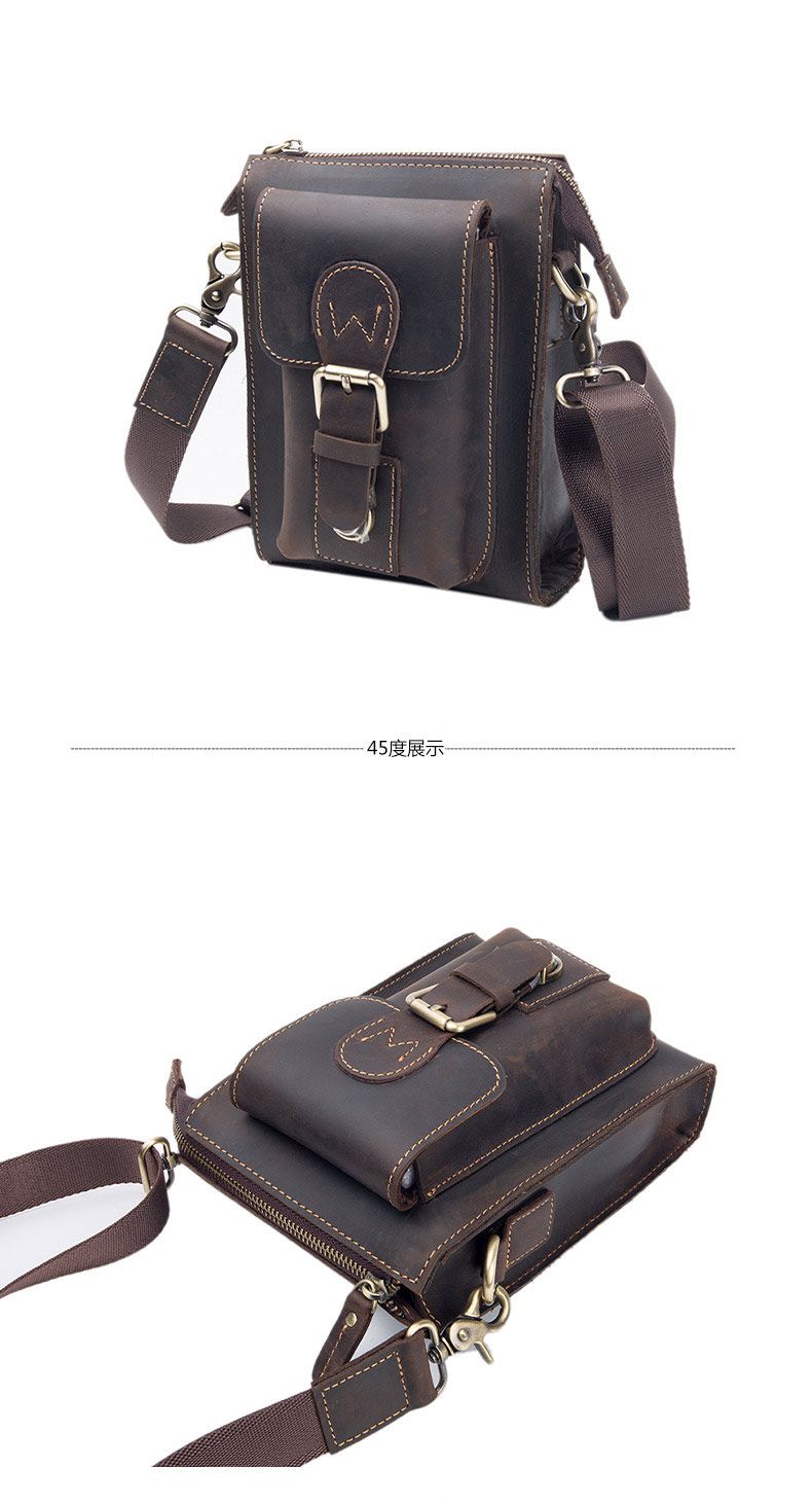 男士斜挎包單肩包 豎款真皮男包 復古男穿皮帶小腰包 頭層瘋馬皮手機包掛包推薦 真皮包包