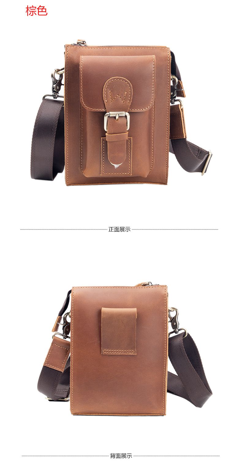 男士斜挎包單肩包 豎款真皮男包 復古男穿皮帶小腰包 頭層瘋馬皮手機包掛包推薦 真皮包包