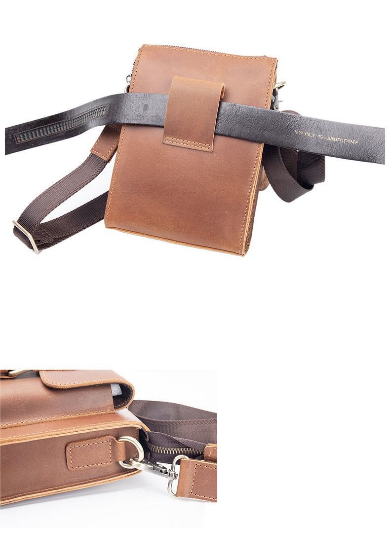 男士斜挎包單肩包 豎款真皮男包 復古男穿皮帶小腰包 頭層瘋馬皮手機包掛包推薦 真皮包包