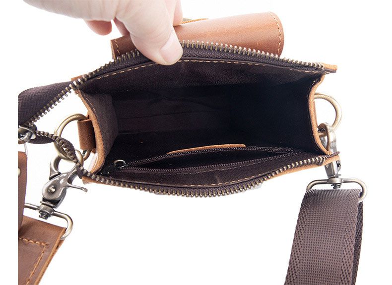 男士斜挎包單肩包 豎款真皮男包 復古男穿皮帶小腰包 頭層瘋馬皮手機包掛包推薦 真皮包包