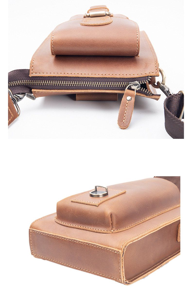 男士斜挎包單肩包 豎款真皮男包 復古男穿皮帶小腰包 頭層瘋馬皮手機包掛包推薦 真皮包包