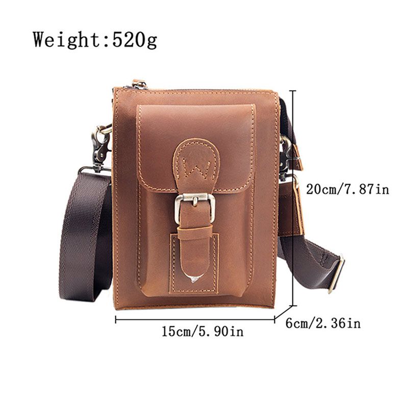 男士斜挎包單肩包 豎款真皮男包 復古男穿皮帶小腰包 頭層瘋馬皮手機包掛包推薦 真皮包包