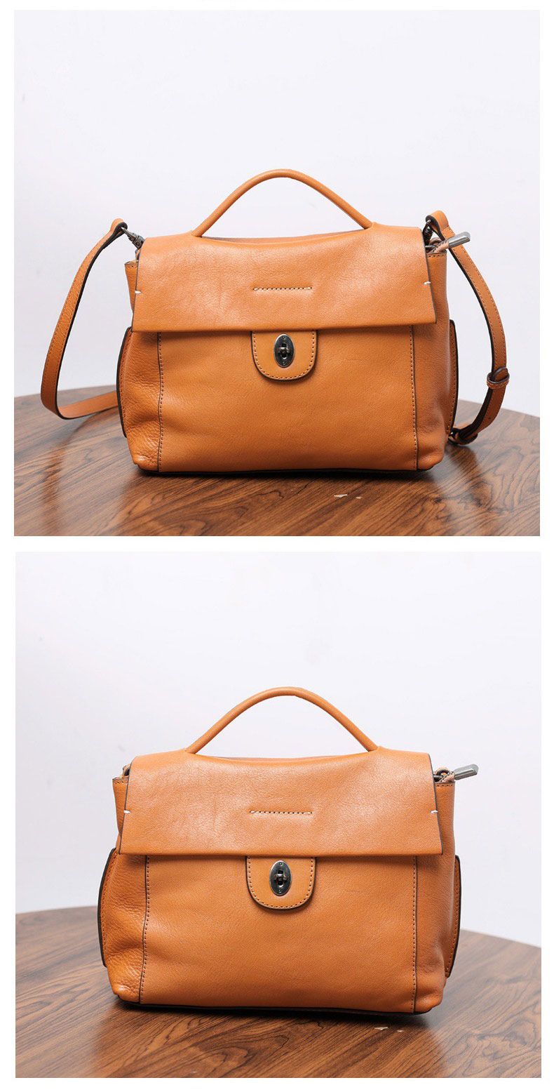 頭層植鞣牛皮手提包 復古女士單肩斜挎包 真皮側背包肩背包 女士郵差包斜背包推薦  真皮包包