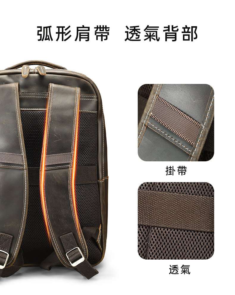 男士瘋馬皮雙肩包 高級感16吋電腦背包 頭層牛皮大容量真皮後背包 戶外旅行出差雙肩包推薦 真皮包包