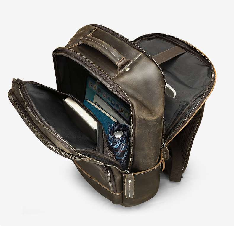 男士瘋馬皮雙肩包 高級感16吋電腦背包 頭層牛皮大容量真皮後背包 戶外旅行出差雙肩包推薦 真皮包包