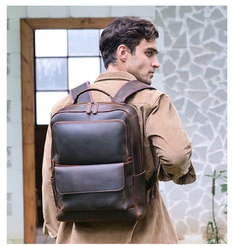 新款真皮後背包 瘋馬皮戶外可掛行李箱包旅行背包 通勤15.6吋電腦背包 復古頭層牛皮雙肩包推薦 真皮包包