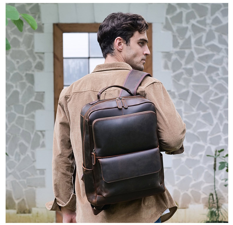 新款真皮後背包 瘋馬皮戶外可掛行李箱包旅行背包 通勤15.6吋電腦背包 復古頭層牛皮雙肩包推薦 真皮包包