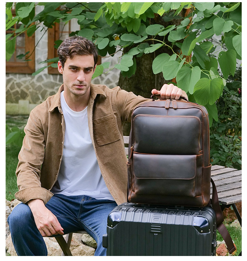 新款真皮後背包 瘋馬皮戶外可掛行李箱包旅行背包 通勤15.6吋電腦背包 復古頭層牛皮雙肩包推薦 真皮包包