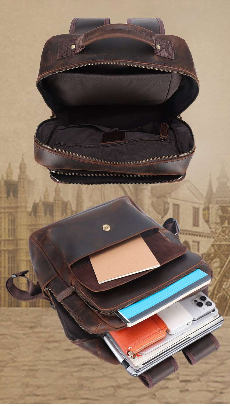 新款真皮後背包 瘋馬皮戶外可掛行李箱包旅行背包 通勤15.6吋電腦背包 復古頭層牛皮雙肩包推薦 真皮包包