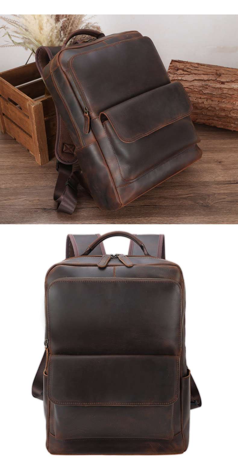 新款真皮後背包 瘋馬皮戶外可掛行李箱包旅行背包 通勤15.6吋電腦背包 復古頭層牛皮雙肩包推薦 真皮包包