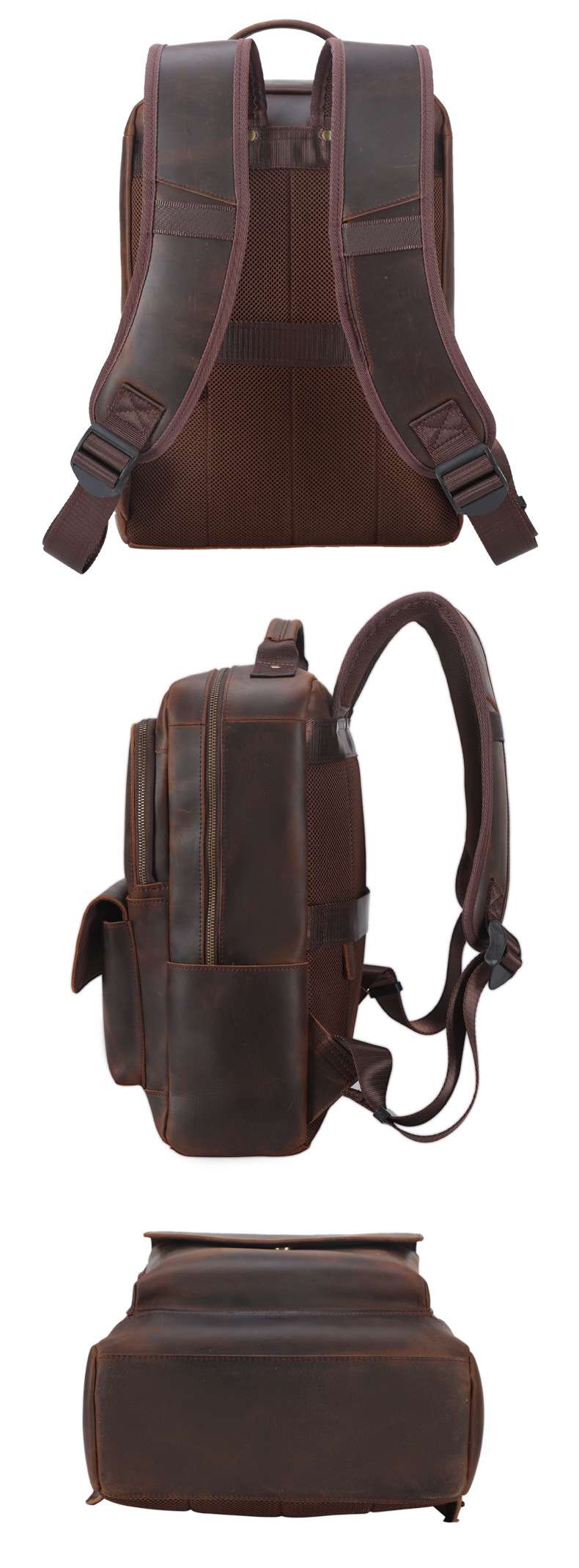 新款真皮後背包 瘋馬皮戶外可掛行李箱包旅行背包 通勤15.6吋電腦背包 復古頭層牛皮雙肩包推薦 真皮包包