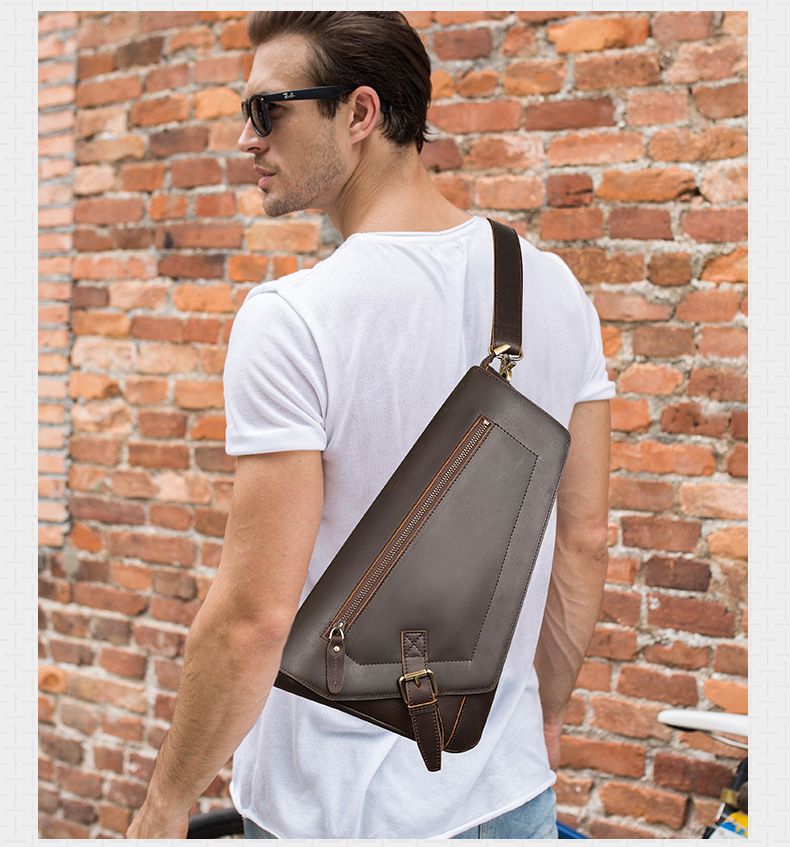 新款復古瘋馬皮休閒馬鞍包 頭層牛皮運動斜挎包 真皮胸包男士斜背包推薦 真皮包包