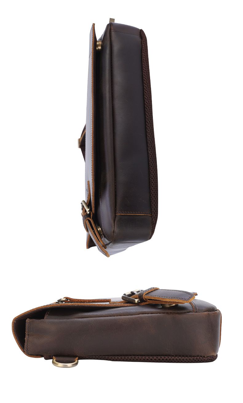 新款復古瘋馬皮休閒馬鞍包 頭層牛皮運動斜挎包 真皮胸包男士斜背包推薦 真皮包包