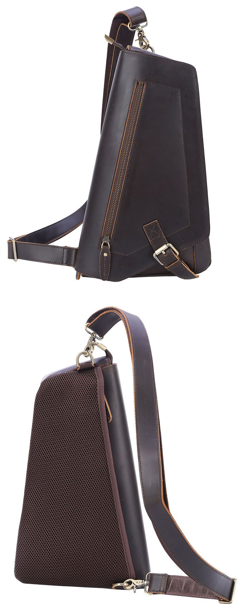 新款復古瘋馬皮休閒馬鞍包 頭層牛皮運動斜挎包 真皮胸包男士斜背包推薦 真皮包包