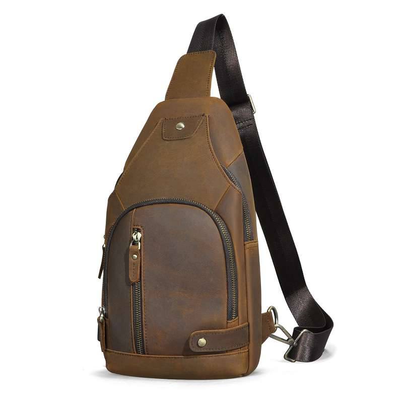 頭層瘋馬皮胸包 牛皮男士復古戶外斜背包 多用途12寸手機包胸前包斜挎包推薦 真皮包包