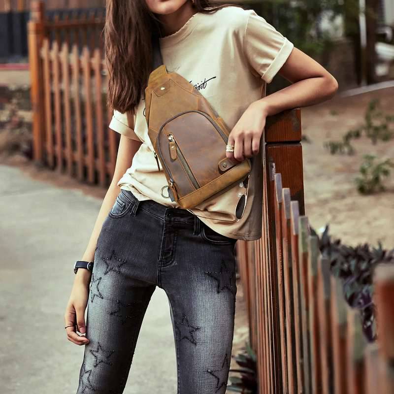 頭層瘋馬皮胸包 牛皮男士復古戶外斜背包 多用途12寸手機包胸前包斜挎包推薦  真皮包包