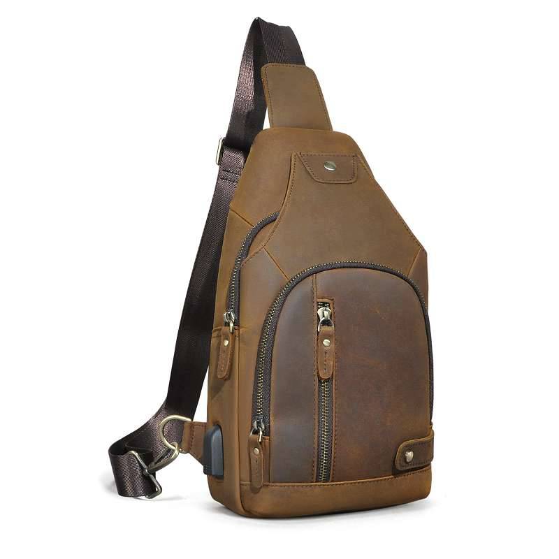 頭層瘋馬皮胸包 牛皮男士復古戶外斜背包 多用途12寸手機包胸前包斜挎包推薦 真皮包包