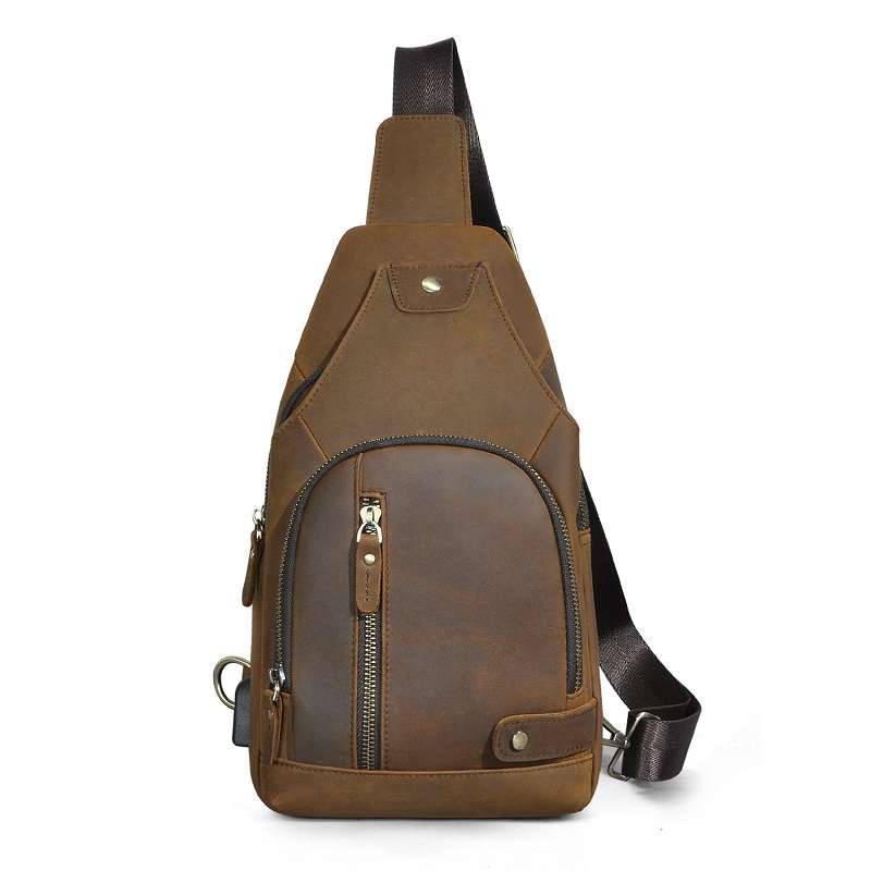 頭層瘋馬皮胸包 牛皮男士復古戶外斜背包 多用途12寸手機包胸前包斜挎包推薦 真皮包包