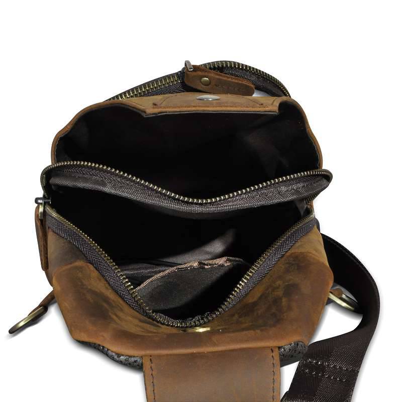 頭層瘋馬皮胸包 牛皮男士復古戶外斜背包 多用途12寸手機包胸前包斜挎包推薦  真皮包包