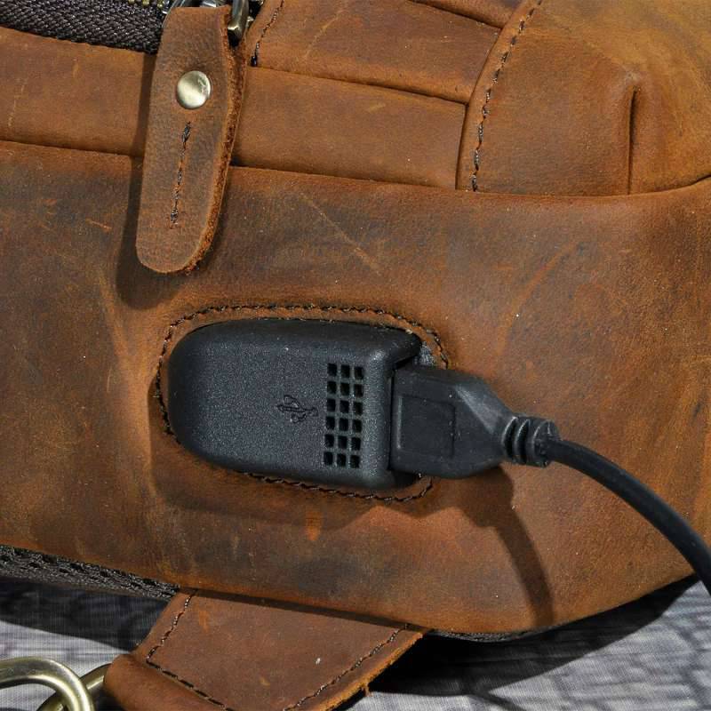 頭層瘋馬皮胸包 牛皮男士復古戶外斜背包 多用途12寸手機包胸前包斜挎包推薦 真皮包包