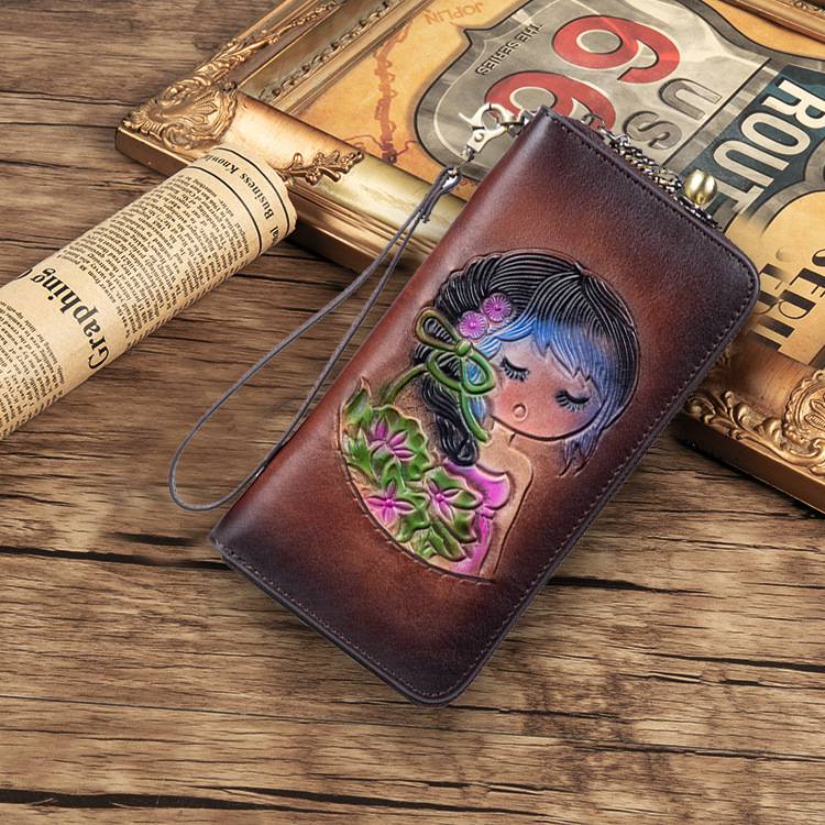 RFID防盜刷女士手工真皮錢包 頭層牛皮錢夾 可愛女生長夾皮夾 歐美長款復古手拿包推薦  真皮包包