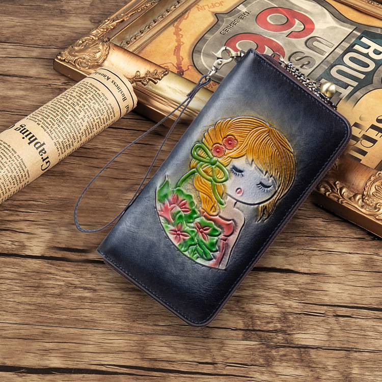 RFID防盜刷女士手工真皮錢包 頭層牛皮錢夾 可愛女生長夾皮夾 歐美長款復古手拿包推薦 真皮包包