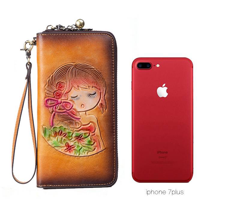 RFID防盜刷女士手工真皮錢包 頭層牛皮錢夾 可愛女生長夾皮夾 歐美長款復古手拿包推薦 真皮包包