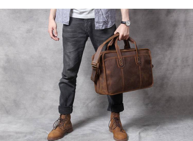 復古手工瘋馬皮公事包 植鞣皮手提包電腦包 真皮男士手提包斜挎大容量多功能商務公文包推薦