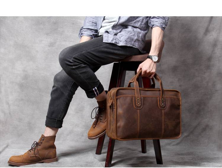 復古手工瘋馬皮公事包 植鞣皮手提包電腦包 真皮男士手提包斜挎大容量多功能商務公文包推薦