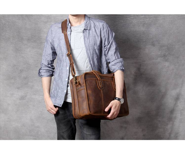 復古手工瘋馬皮公事包 植鞣皮手提包電腦包 真皮男士手提包斜挎大容量多功能商務公文包推薦