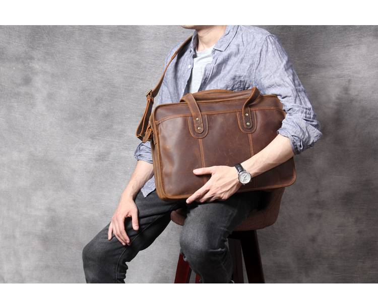 復古手工瘋馬皮公事包 植鞣皮手提包電腦包 真皮男士手提包斜挎大容量多功能商務公文包推薦