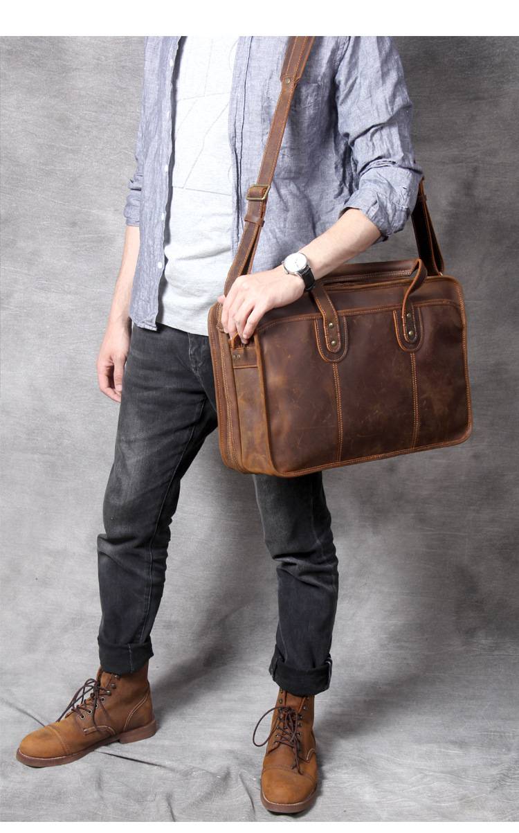 復古手工瘋馬皮公事包 植鞣皮手提包電腦包 真皮男士手提包斜挎大容量多功能商務公文包推薦