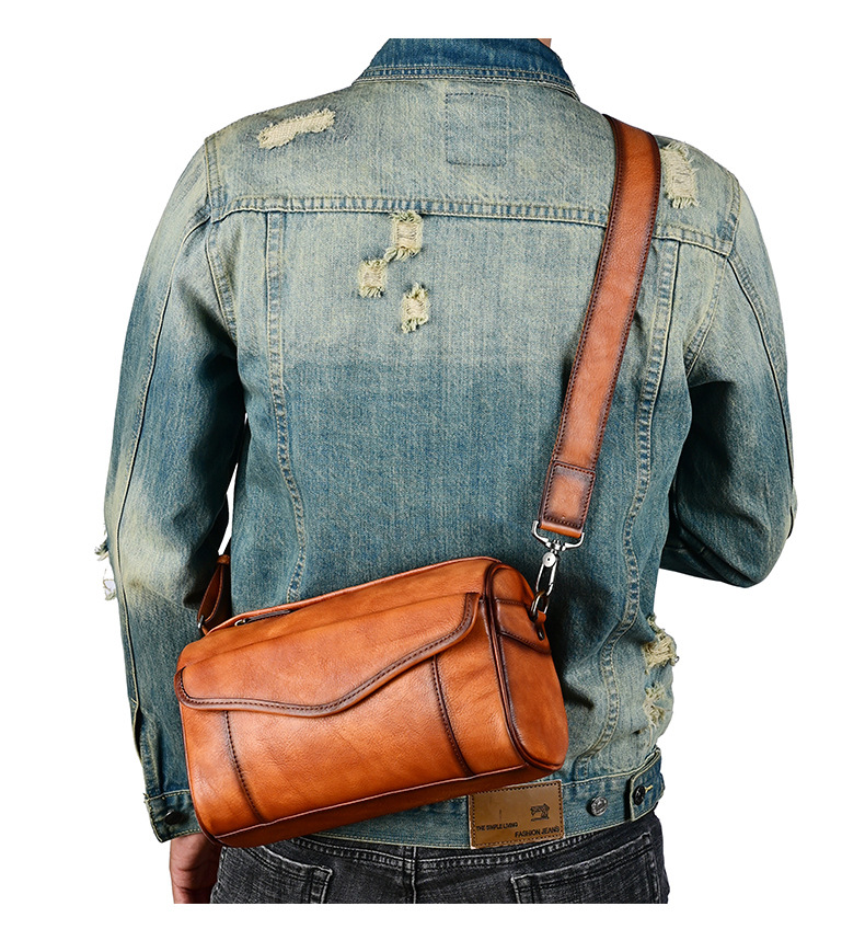 新款歐美復古大容量復古簡約斜背包 多場合斜跨包 頭層牛皮男士斜挎包肩背包推薦 真皮包包