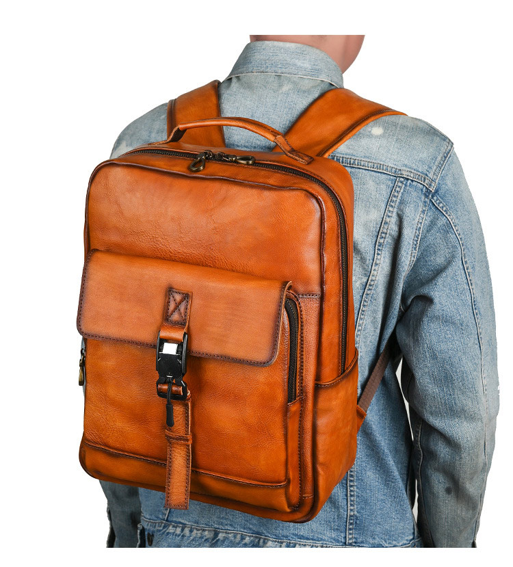 新款真皮電腦雙肩包 男款休閒旅行植鞣皮後背包 復古高級感男士雙肩背包旅行包推薦 真皮包包
