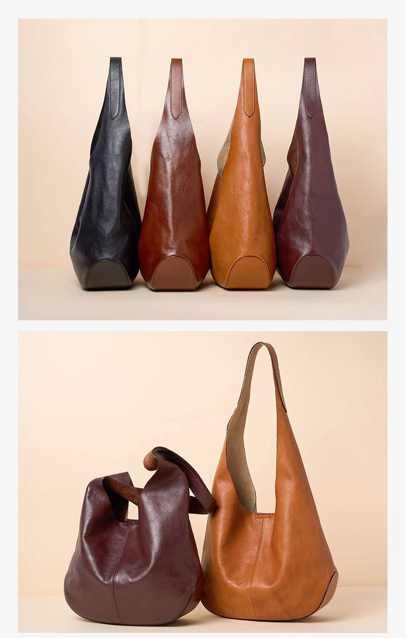 真皮腋下包 頭層樹膏植鞣牛皮托特包 時尚慵懶風大容量手袋女包 高級感單肩包推薦 真皮包包