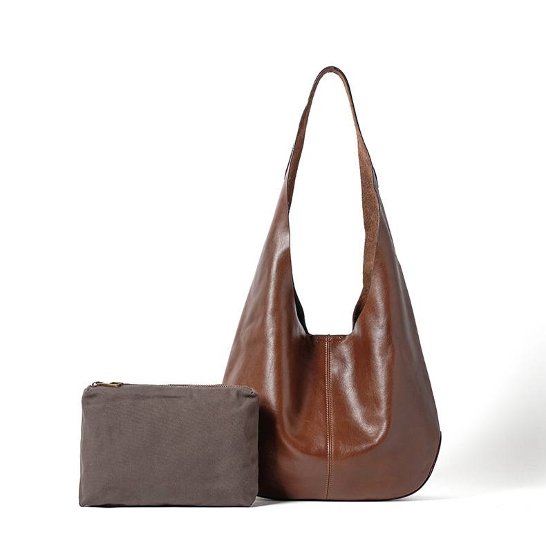 真皮腋下包 頭層樹膏植鞣牛皮托特包 時尚慵懶風大容量手袋女包 高級感單肩包推薦 真皮包包