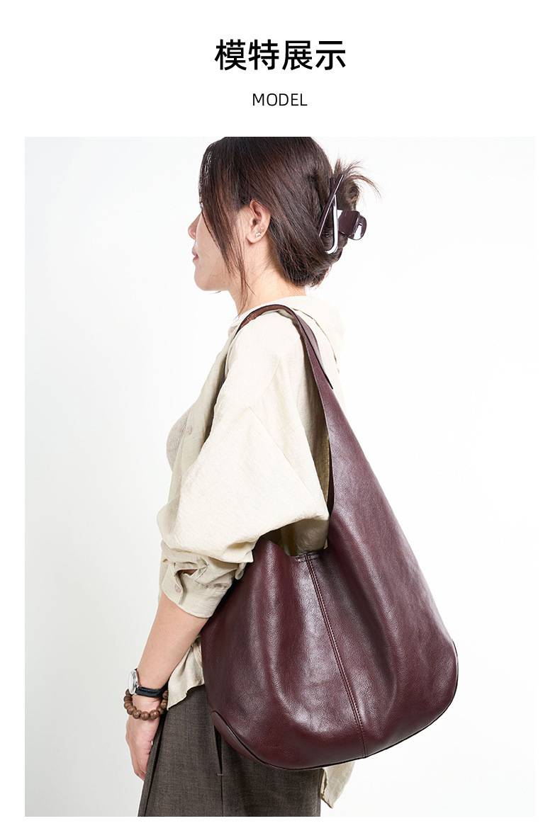 真皮腋下包 頭層樹膏植鞣牛皮托特包 時尚慵懶風大容量手袋女包 高級感單肩包推薦 真皮包包