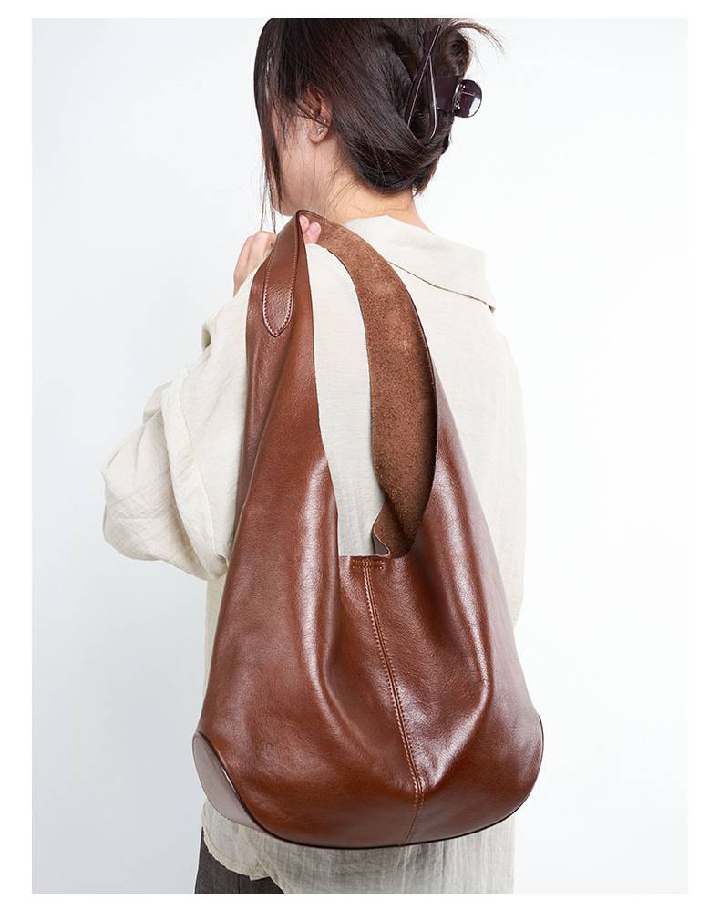 真皮腋下包 頭層樹膏植鞣牛皮托特包 時尚慵懶風大容量手袋女包 高級感單肩包推薦 真皮包包