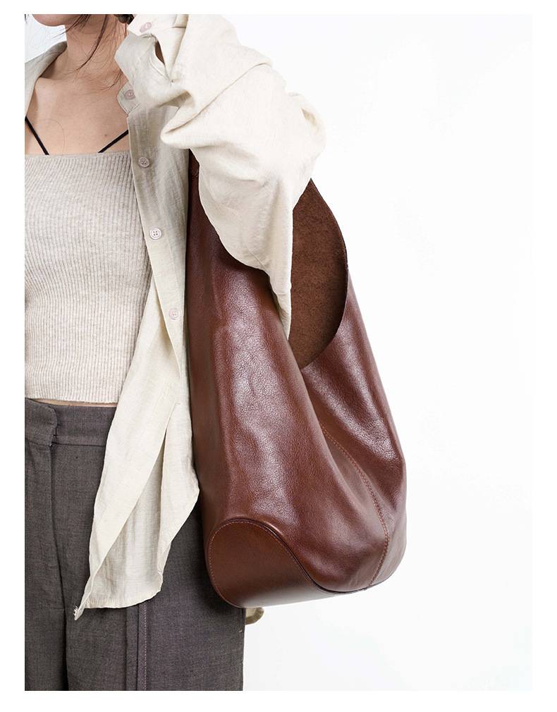 真皮腋下包 頭層樹膏植鞣牛皮托特包 時尚慵懶風大容量手袋女包 高級感單肩包推薦 真皮包包