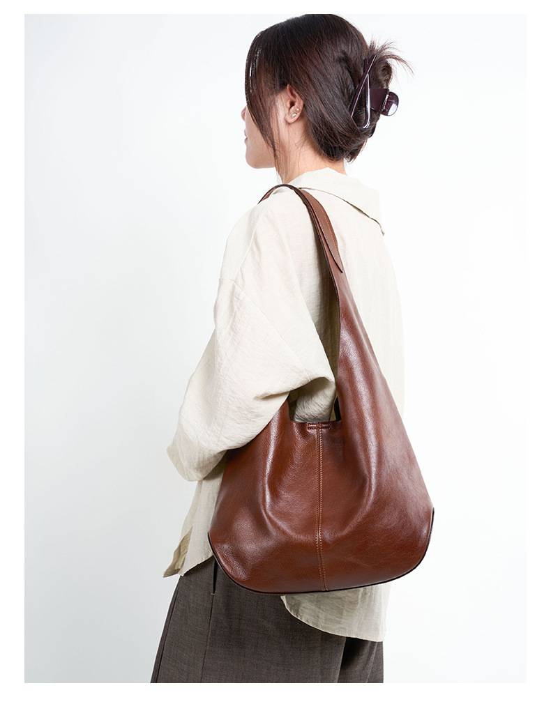 真皮腋下包 頭層樹膏植鞣牛皮托特包 時尚慵懶風大容量手袋女包 高級感單肩包推薦 真皮包包