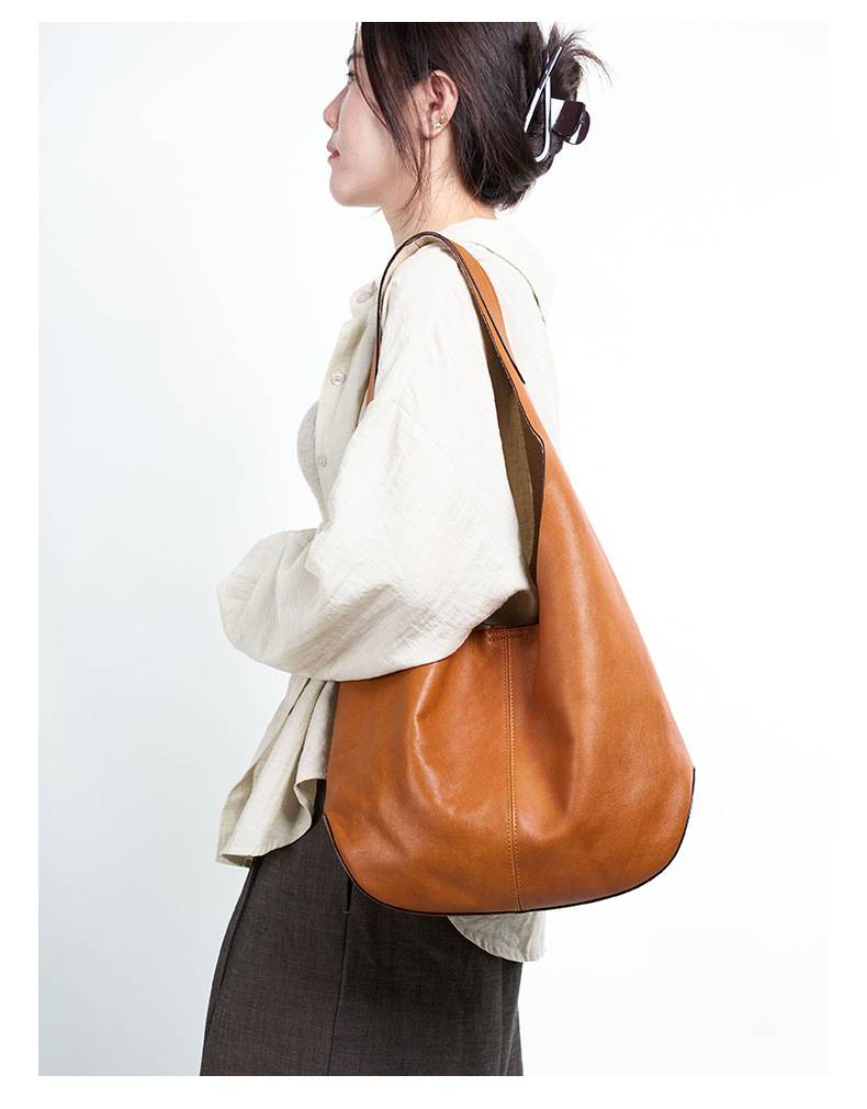 真皮腋下包 頭層樹膏植鞣牛皮托特包 時尚慵懶風大容量手袋女包 高級感單肩包推薦 真皮包包