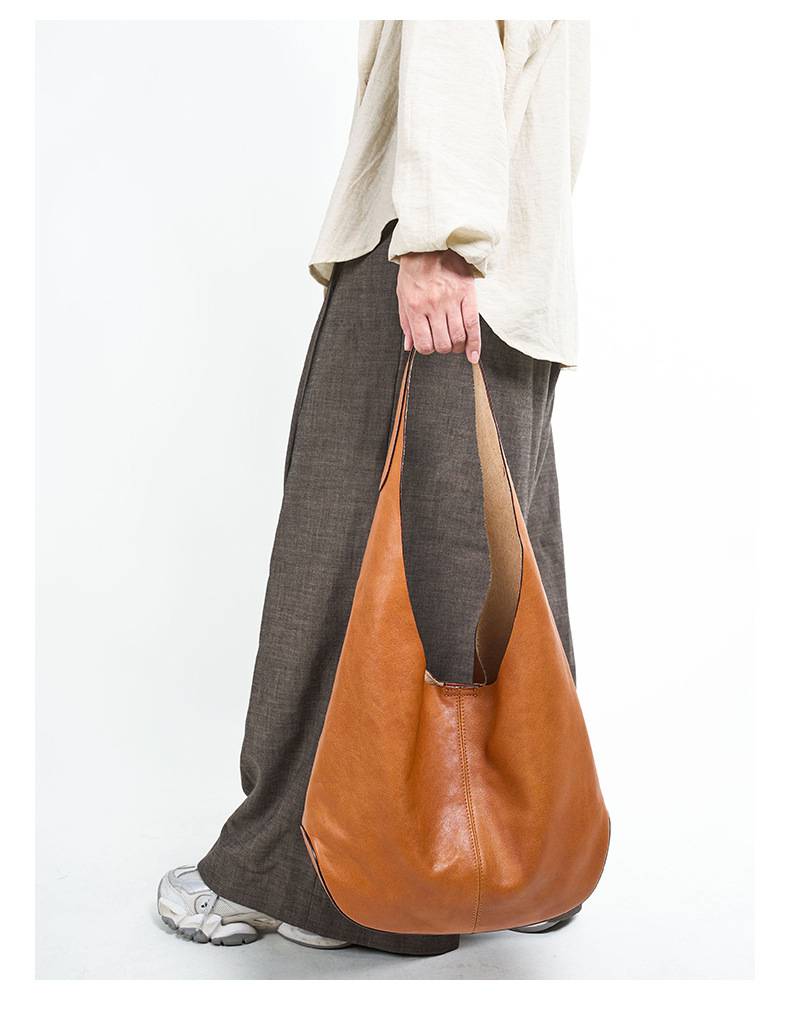 真皮腋下包 頭層樹膏植鞣牛皮托特包 時尚慵懶風大容量手袋女包 高級感單肩包推薦 真皮包包