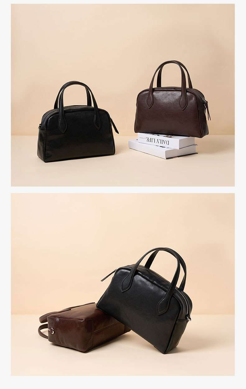 頭層水晶植鞣牛皮保齡球包 復古時尚真皮女包手袋 通勤手提包斜挎包女式新款斜背包推薦 真皮包包