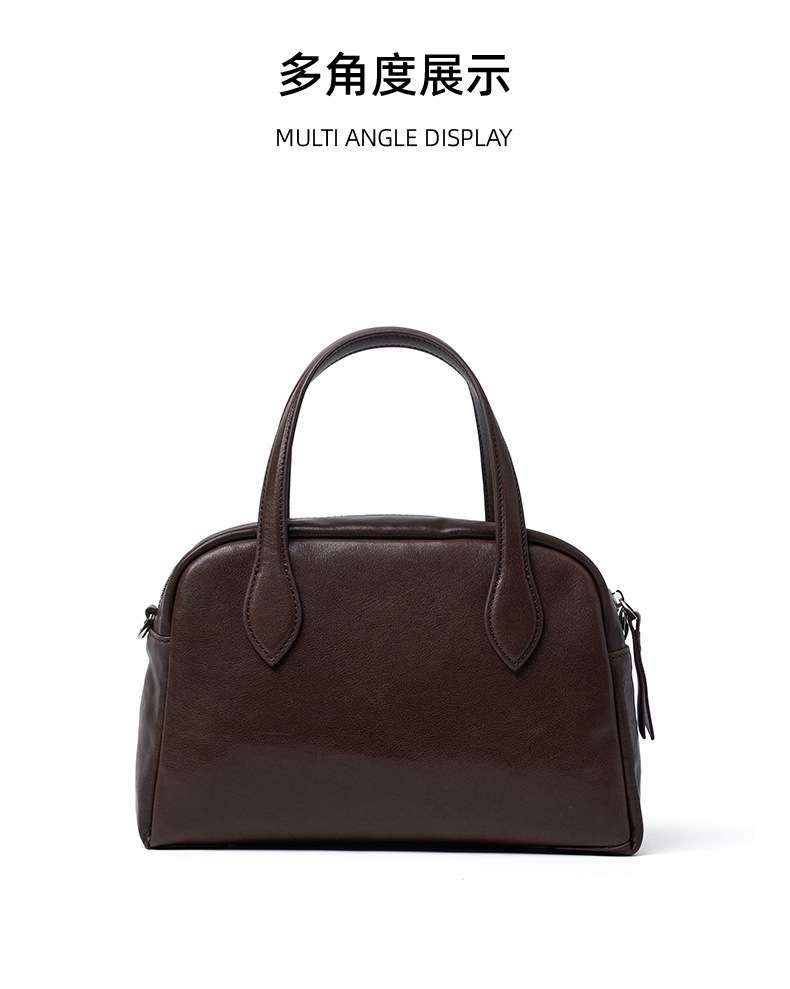 頭層水晶植鞣牛皮保齡球包 復古時尚真皮女包手袋 通勤手提包斜挎包女式新款斜背包推薦 真皮包包