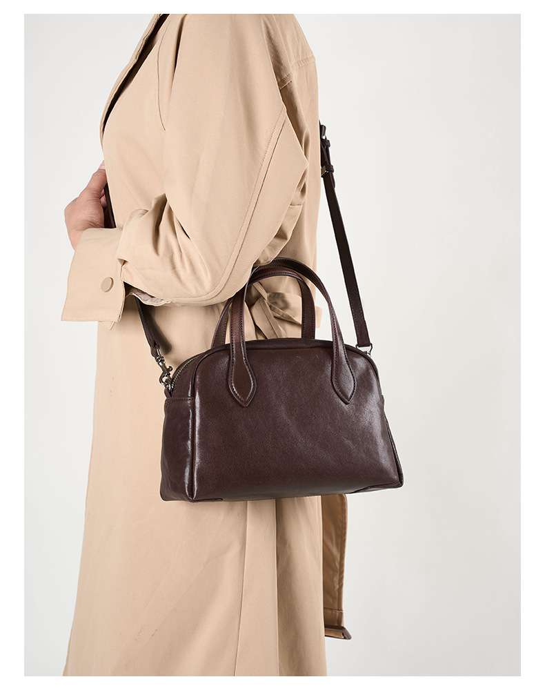 頭層水晶植鞣牛皮保齡球包 復古時尚真皮女包手袋 通勤手提包斜挎包女式新款斜背包推薦 真皮包包