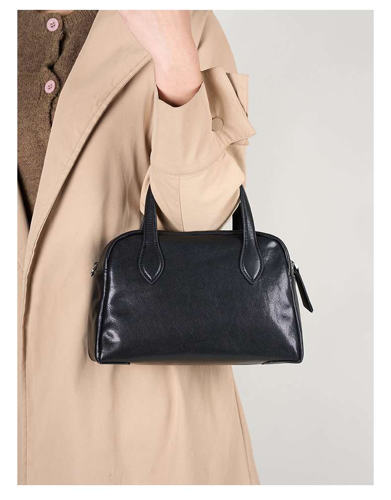 頭層水晶植鞣牛皮保齡球包 復古時尚真皮女包手袋 通勤手提包斜挎包女式新款斜背包推薦 真皮包包